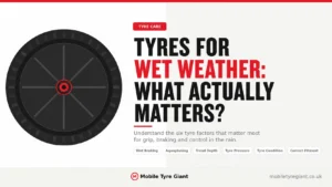 Mobile Tyre Giant infographic explaining tyres for wet weather, including wet braking, aquaplaning, tread depth, tyre pressure, tyre condition and correct tyre fitment.