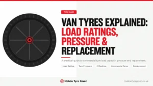 Van tyres explained infographic covering load ratings, tyre pressure, C marking, commercial tyre fitment and when van tyres need replacement.