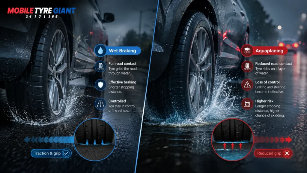 Wet braking compared with aquaplaning, showing normal tyre road contact versus reduced grip caused by standing water.