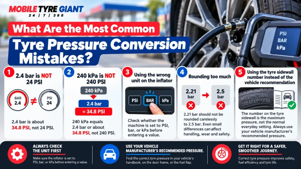 Infographic showing common tyre pressure conversion mistakes, including confusing bar with PSI, kPa with PSI, wrong inflator units, excessive rounding and using sidewall pressure incorrectly.
