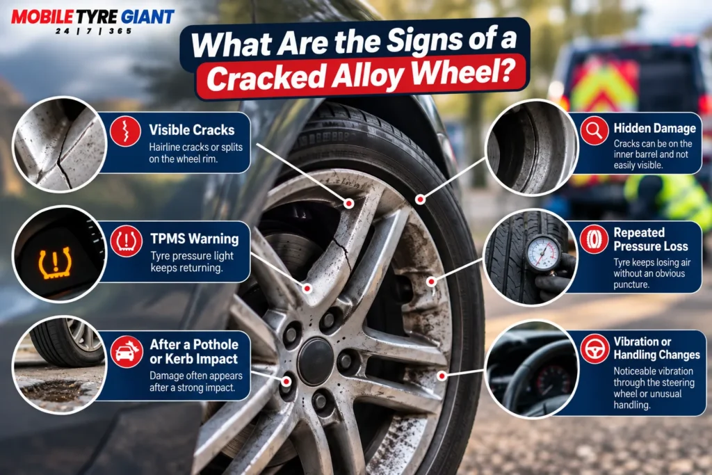 Infographic showing signs of a cracked alloy wheel, including visible cracks, TPMS warnings, repeated tyre pressure loss, pothole or kerb impact, hidden inner barrel damage, and steering vibration.