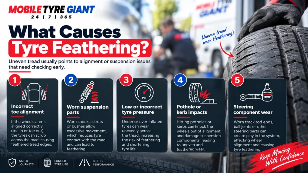 Infographic showing common causes of tyre feathering, including incorrect toe alignment, worn suspension, tyre pressure issues, pothole impacts and steering component wear.