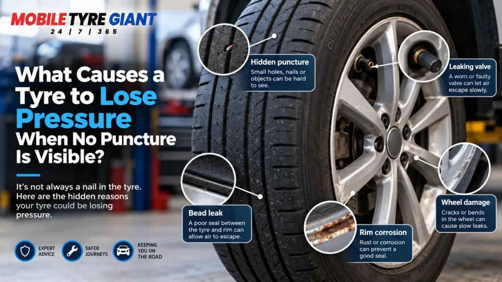 Tyre and alloy wheel showing hidden causes of pressure loss including a leaking valve, bead leak, rim corrosion, wheel damage and a hidden puncture.