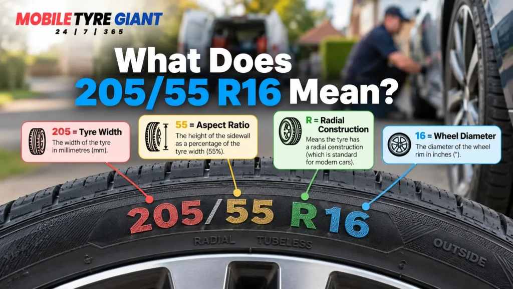 205/55 R16 tyre size infographic explaining tyre width, aspect ratio, radial construction and 16-inch wheel diameter.