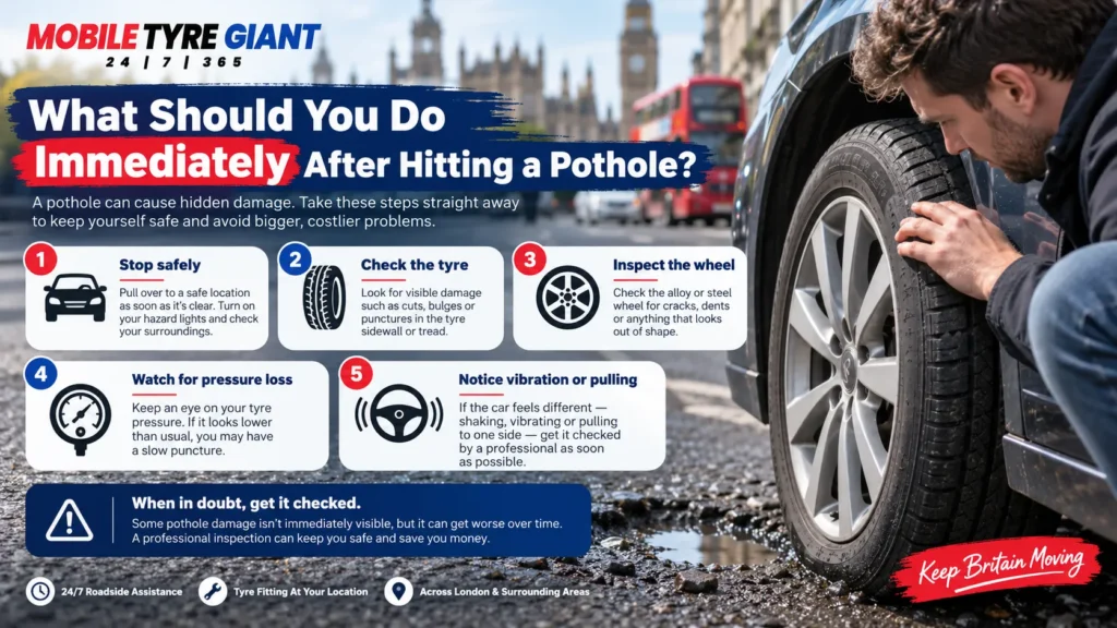 Steps to follow after hitting a pothole in London, including checking tyre damage, wheel condition, pressure loss, vibration and steering pull.