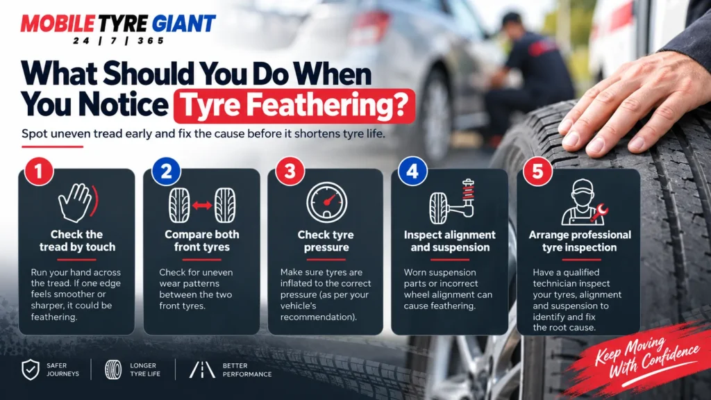Tyre feathering checklist showing tread inspection, tyre pressure checks, wheel alignment, suspension inspection and professional tyre assessment.