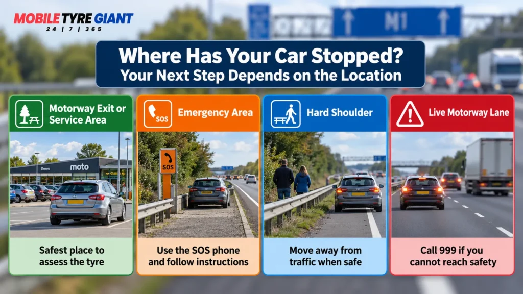Motorway tyre safety infographic explaining why drivers should not change a tyre beside fast traffic and should reach a safer location for professional help.