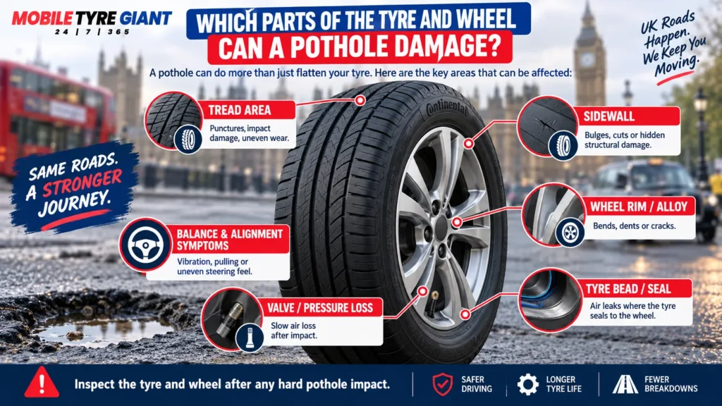 Diagram showing pothole damage to tyre tread, sidewall, wheel rim, tyre bead, valve, balance and alignment-related symptoms.