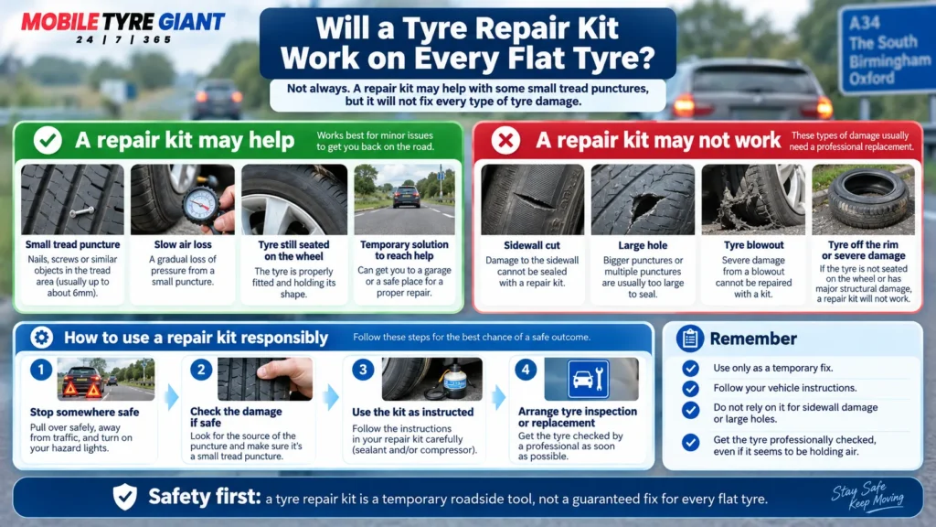 Tyre repair kit infographic showing which flat tyre problems may be temporarily sealed and which damage, such as sidewall cuts or blowouts, needs replacement.