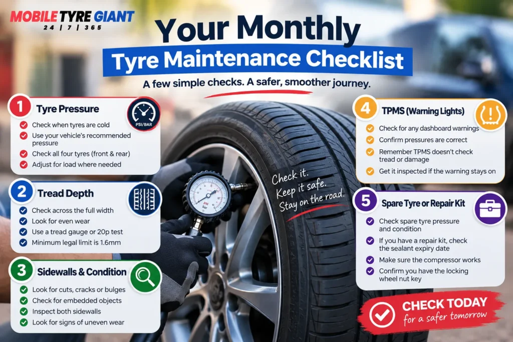 Monthly tyre maintenance checklist showing tyre pressure, tread depth, sidewall condition, TPMS warnings and spare tyre or repair kit checks.