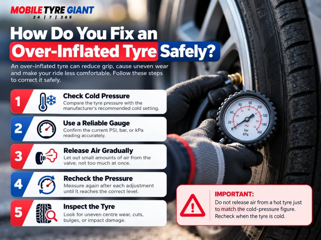Step-by-step guide to fixing an over-inflated tyre safely by checking cold pressure, using a reliable gauge, releasing air gradually and inspecting for damage.