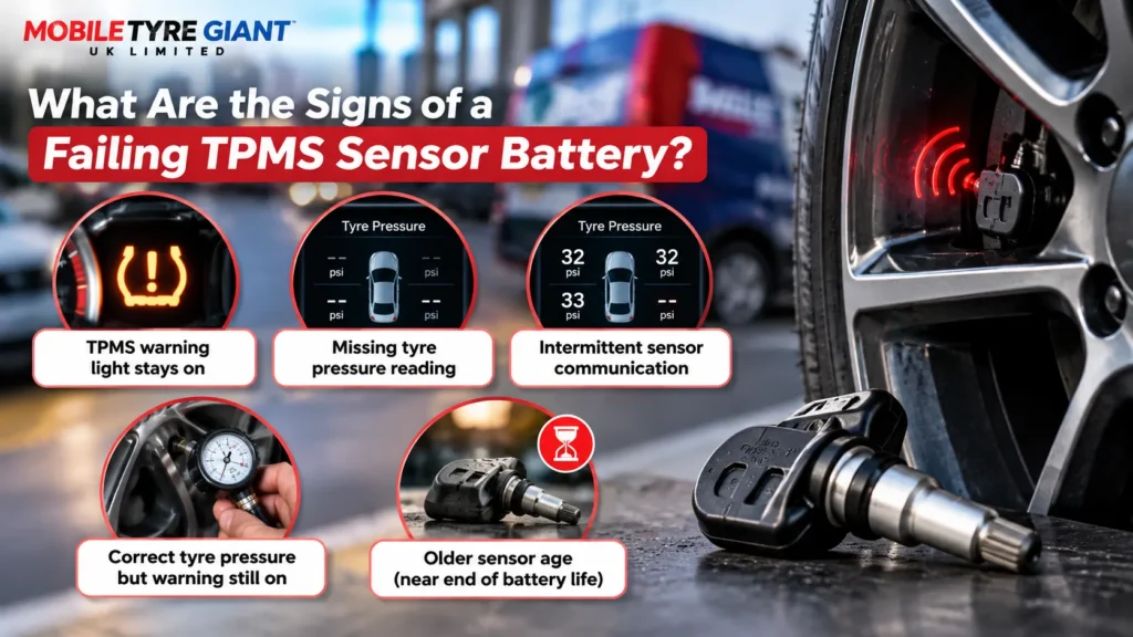 Infographic showing signs of a failing TPMS sensor battery, including a persistent warning light, missing tyre pressure readings, intermittent sensor communication and an ageing sensor.