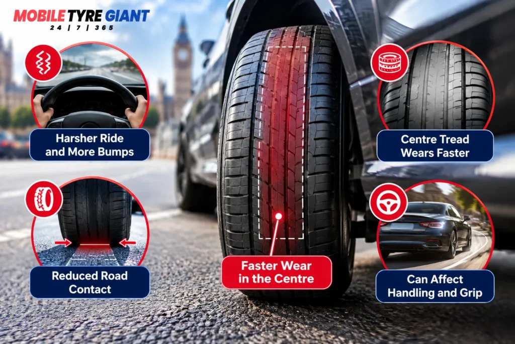Infographic showing symptoms of over-inflated tyres, including harsher ride, faster centre tread wear, reduced road contact and affected handling and grip.