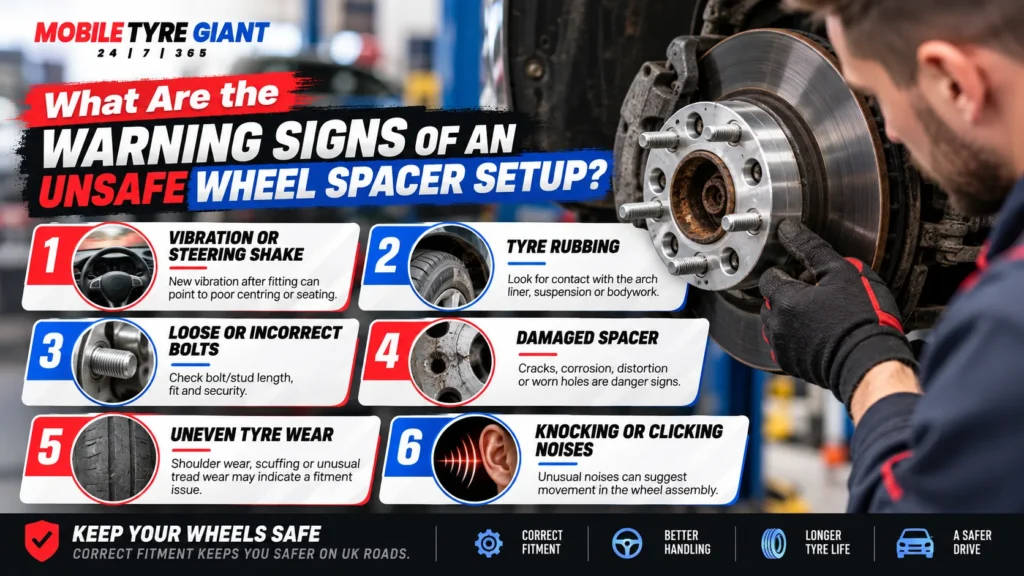 Infographic showing warning signs of an unsafe wheel spacer setup, including steering vibration, tyre rubbing, loose or incorrect bolts, damaged spacers, uneven tyre wear and knocking or clicking noises.