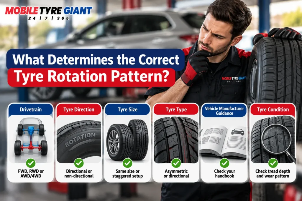 Infographic explaining factors that determine the correct tyre rotation pattern, including drivetrain, tyre direction, tyre size, tyre type, manufacturer guidance and tyre condition.