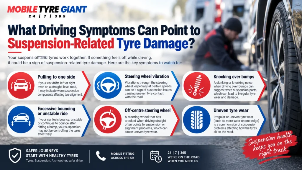 Driving symptoms of suspension-related tyre damage, including pulling to one side, steering vibration, knocking over bumps, excessive bouncing, off-centre steering and uneven tyre wear.