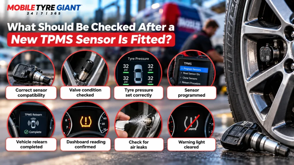 Infographic showing TPMS checks after sensor replacement, including sensor compatibility, valve condition, correct tyre pressure, programming, vehicle relearn, leak checks and warning light clearance.