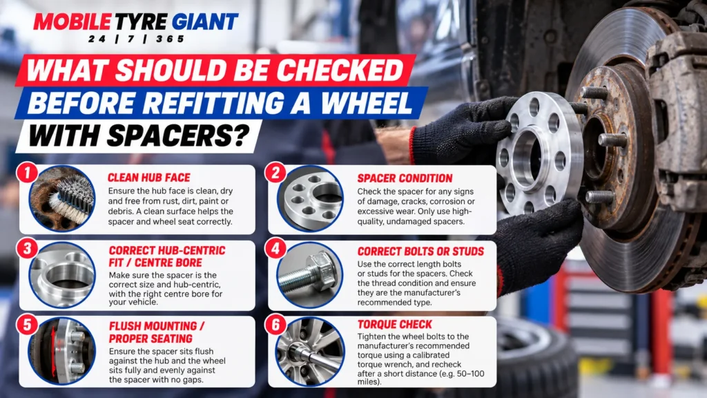 Infographic showing wheel spacer safety checks before refitting a wheel, including a clean hub face, spacer condition, correct hub-centric fit, suitable bolts or studs, flush mounting and final torque check.