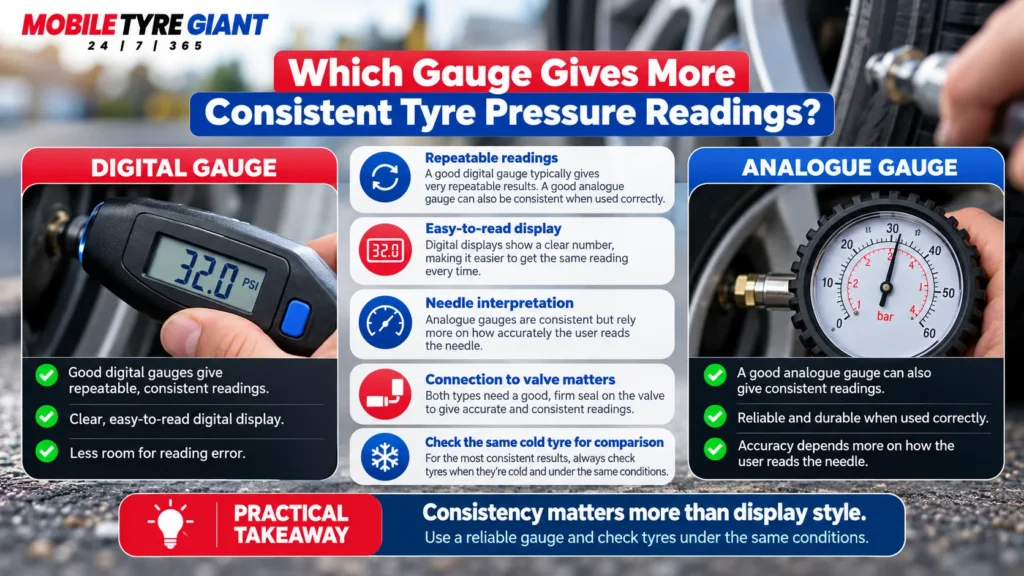 Digital and analogue tyre pressure gauges compared for consistency, readability, valve connection and repeatable cold tyre pressure readings.