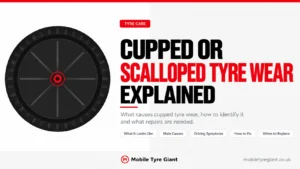 Cupped or scalloped tyre wear explained, covering what the wear looks like, common causes, driving symptoms, repair options and when the tyre should be replaced.