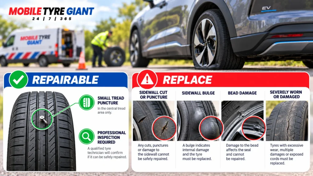 Flat EV tyre repair versus replacement infographic showing a repairable tread puncture and unsafe sidewall, bead, bulge and severe wear damage.