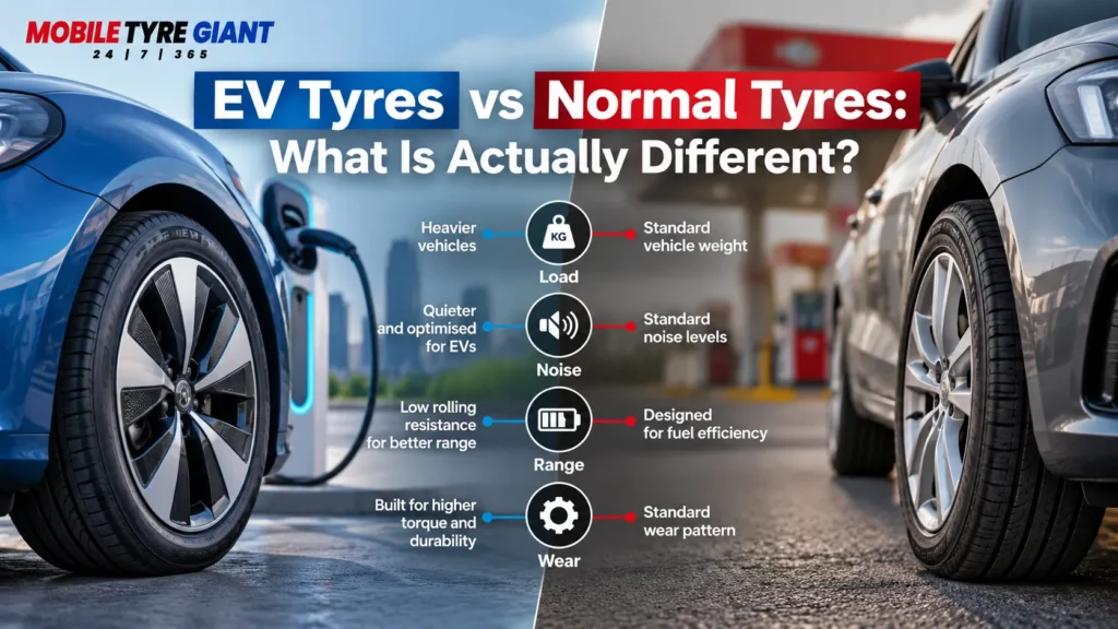 EV tyres vs normal tyres comparison showing differences in load, noise, range and wear.