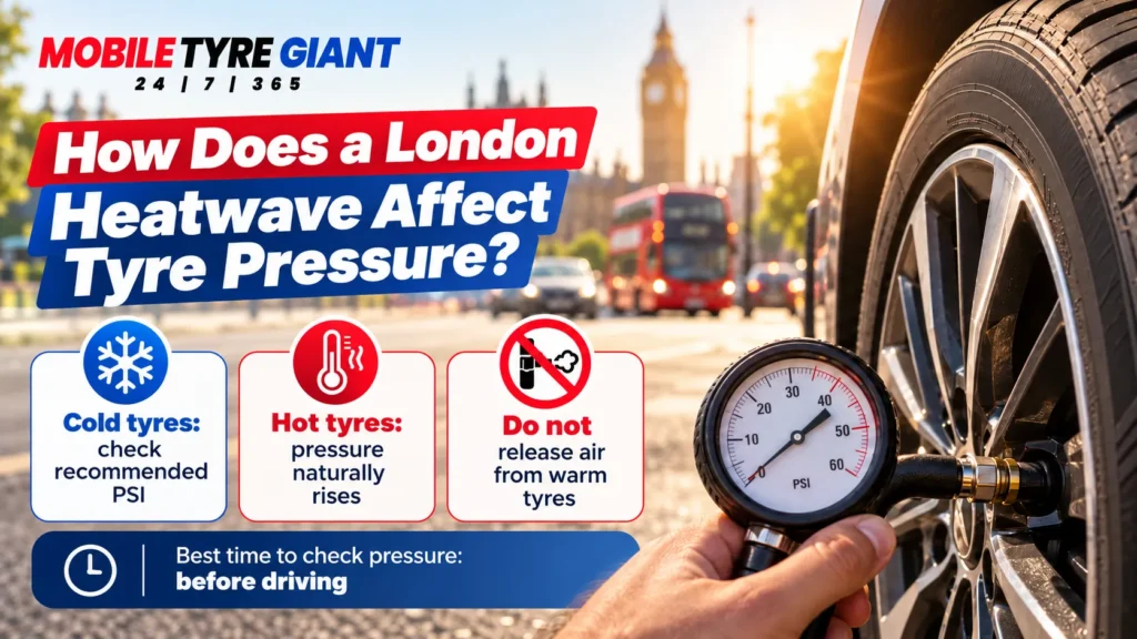 Car tyre pressure being checked during a London heatwave, showing how hot weather increases tyre pressure and why cold tyre checks are important.