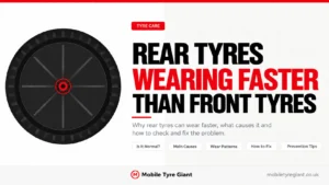 Rear tyres wearing faster than front tyres, covering rear-wheel drive, tyre pressure, rear alignment, suspension wear and tread checks.