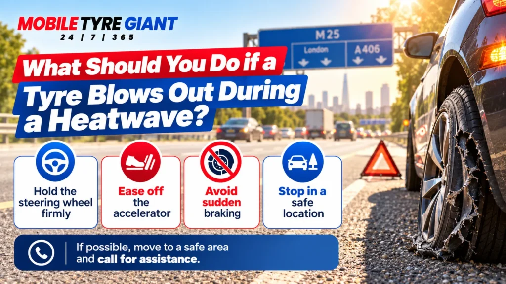 Tyre blowout safety infographic showing a damaged car tyre on the M25 and four steps to maintain control and stop safely during a heatwave.