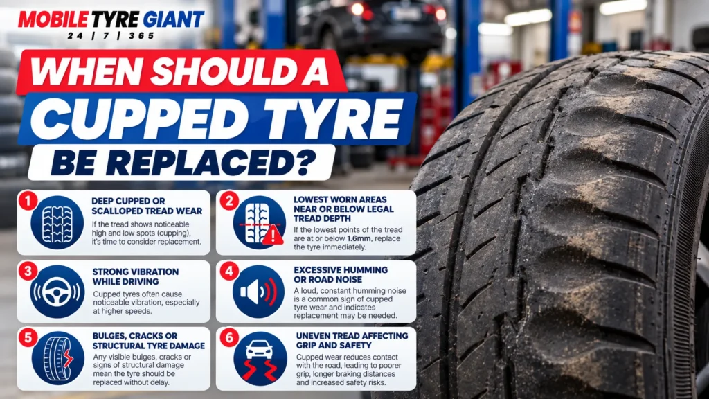 Infographic showing when a cupped tyre may need replacing, including deep scalloped wear, low tread depth, strong vibration, excessive road noise, structural damage and reduced grip.