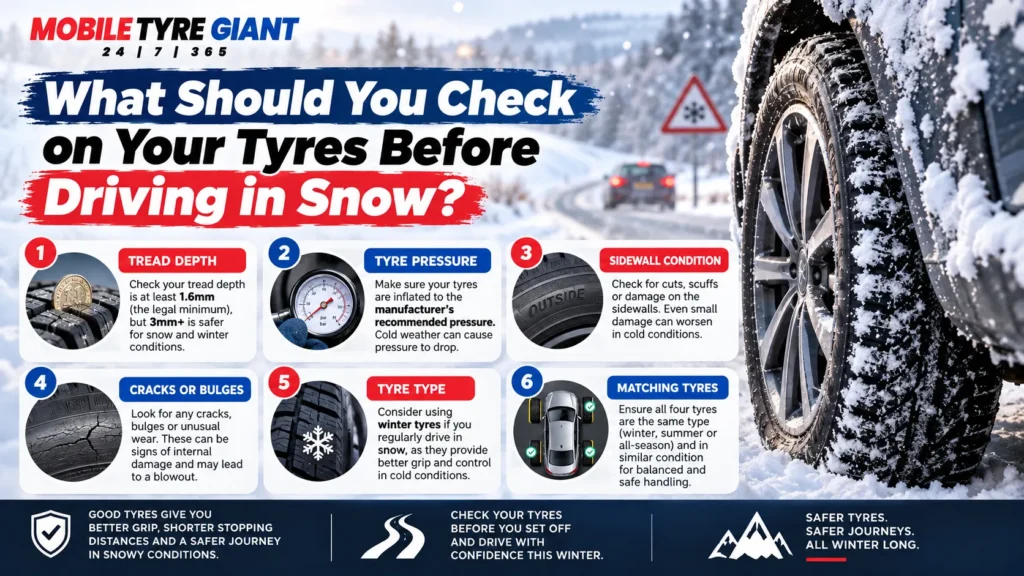 Infographic showing tyre checks before driving in snow, including tread depth, tyre pressure, sidewall condition, cracks or bulges, tyre type and matching tyres.