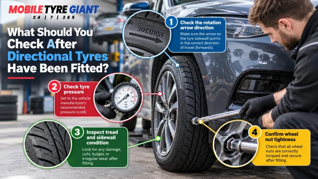 Directional tyre fitting checklist showing rotation arrow direction, correct tyre pressure, tread and sidewall inspection, and wheel nut tightness.