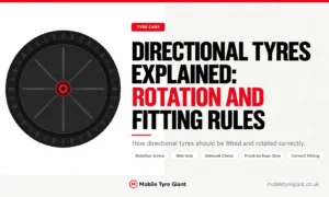 Directional tyres explained, covering rotation arrows, wet grip, sidewall checks, front-to-rear tyre rotation and correct directional tyre fitting rules.