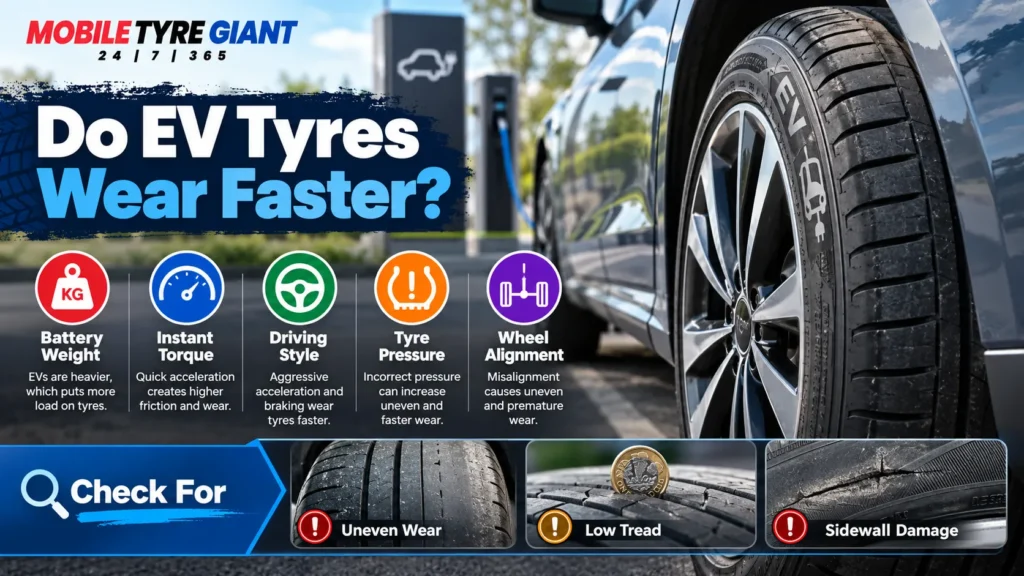 EV tyre wear infographic showing battery weight, instant torque, tyre pressure, driving style and wheel alignment factors.