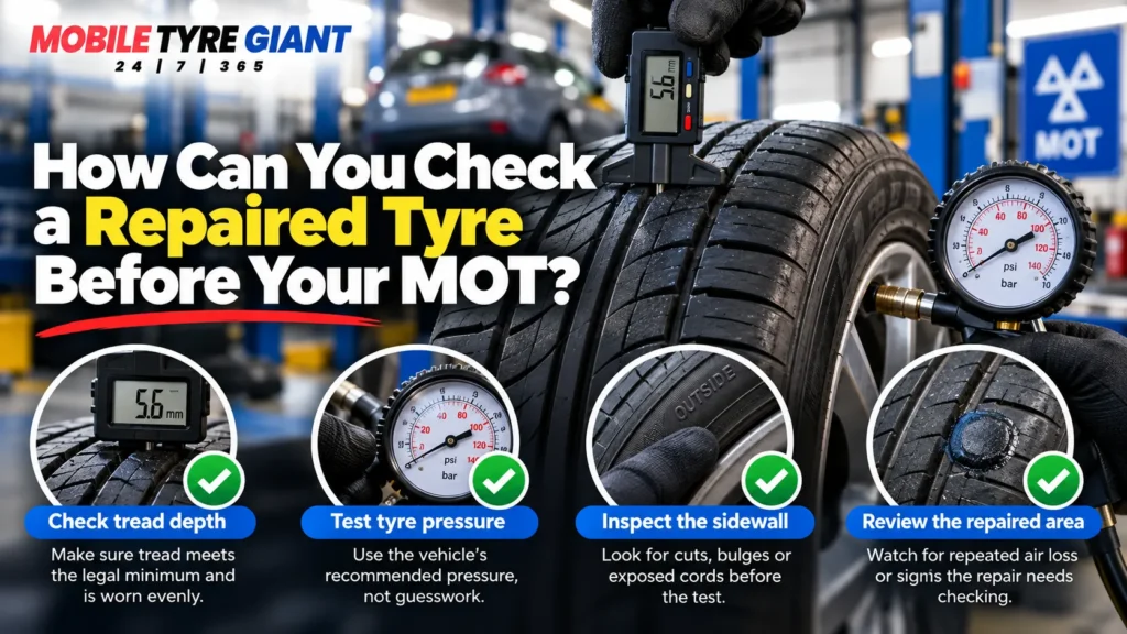 Checking a repaired tyre before an MOT using a tread depth gauge, tyre pressure gauge and sidewall inspection.