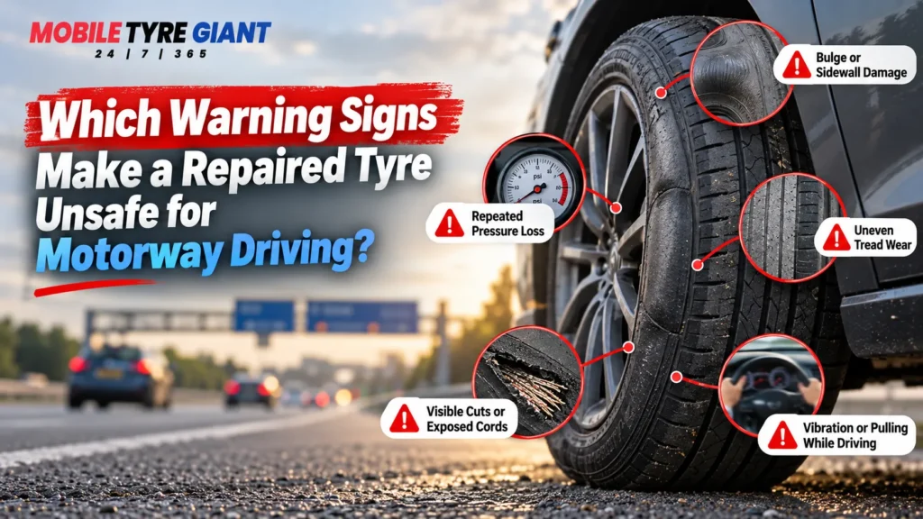 Warning signs that make a repaired tyre unsafe for motorway driving, including sidewall bulge, repeated pressure loss, uneven tread wear, exposed cords and vibration while driving.