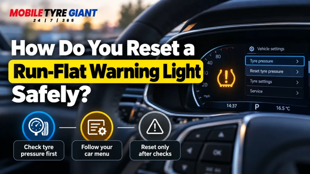 Car dashboard showing a run-flat warning light and tyre pressure reset menu with safety instructions.