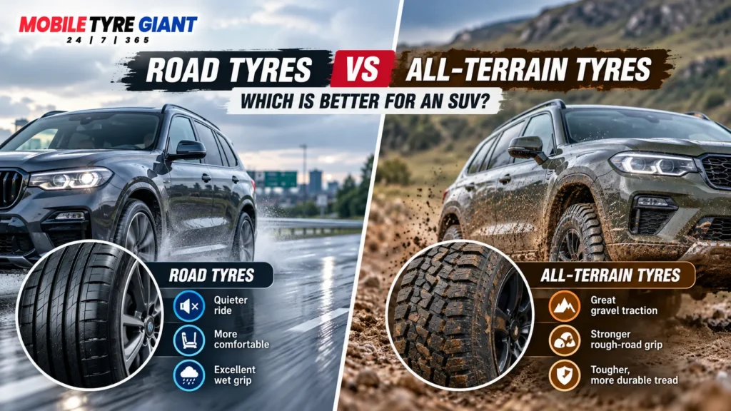 Road tyres vs all-terrain tyres comparison for SUVs showing differences in comfort, wet grip, gravel traction and rough-road use.