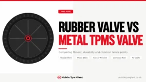 Rubber valve vs metal TPMS valve comparison showing rubber and metal valve stems, sensor fitment, corrosion risks, air leaks and common TPMS valve differences.