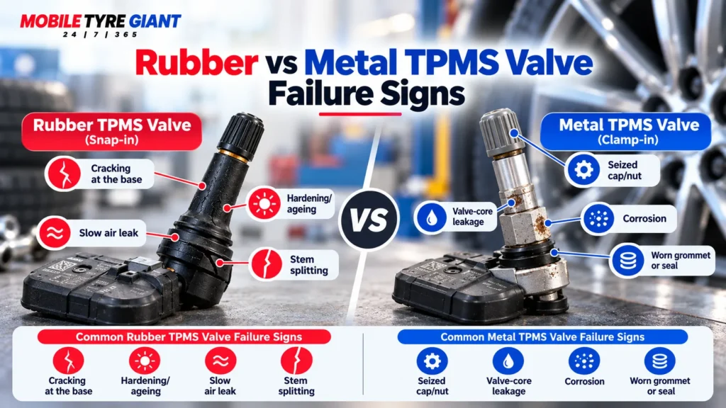Rubber vs metal TPMS valve failure signs showing cracking, air leaks, corrosion, seized caps and worn grommet seals.
