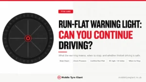 Run-flat warning light guide explaining whether you can continue driving, including slowing down, checking tyre pressure, confirming run-flat tyres, 50 mph/50 miles guidance, and when to stop.