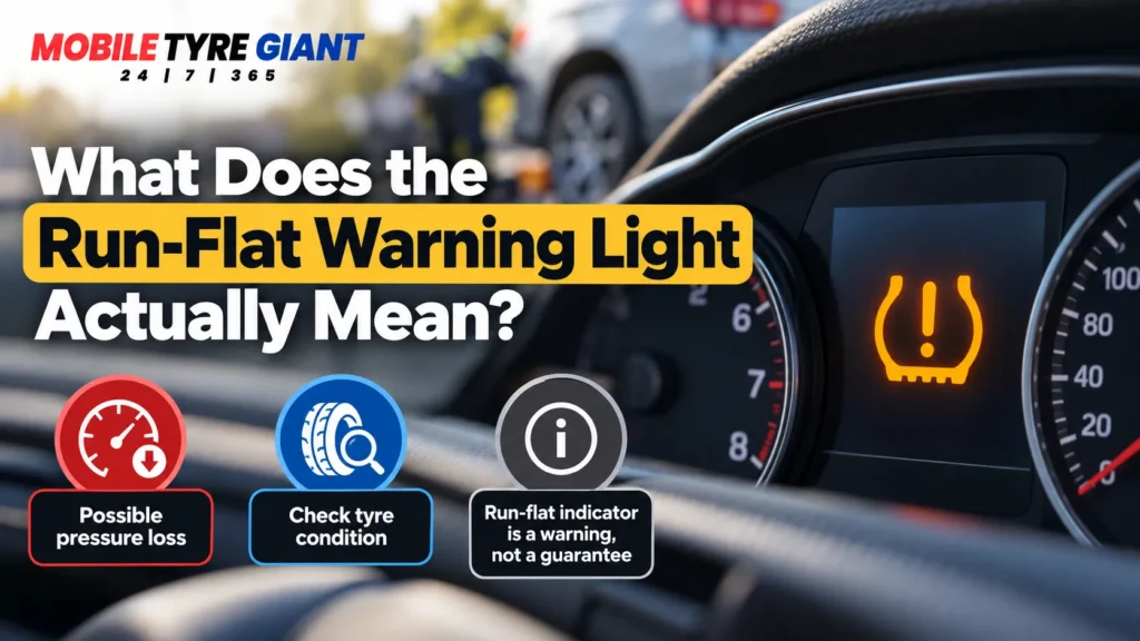 Car dashboard displaying an illuminated run-flat warning light indicating possible tyre pressure loss.