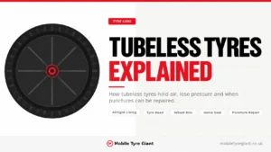 Tubeless tyres explained, showing how airtight lining, tyre bead, wheel rim and valve seal retain air, with key information about puncture repair.