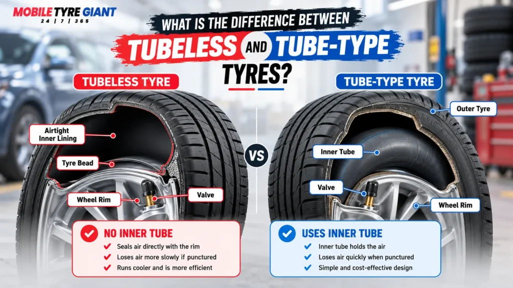 Tubeless vs tube-type tyres comparison showing airtight inner lining, inner tube, tyre bead, wheel rim and valve differences.