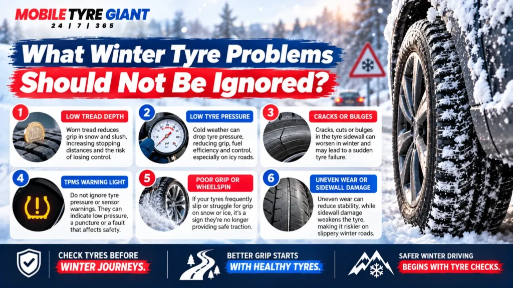 Infographic showing winter tyre problems that should not be ignored, including low tread depth, low tyre pressure, cracks or bulges, TPMS warnings, poor grip and uneven tyre wear.